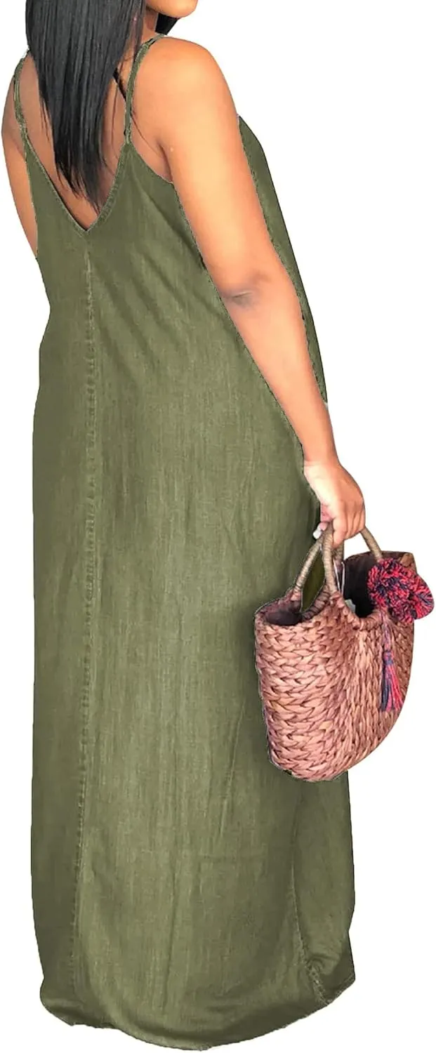 SeNight Women's Sexy Maxi Denim Dresses Casual Spaghetti Strap Striped Long Sundress Wiht Pockets