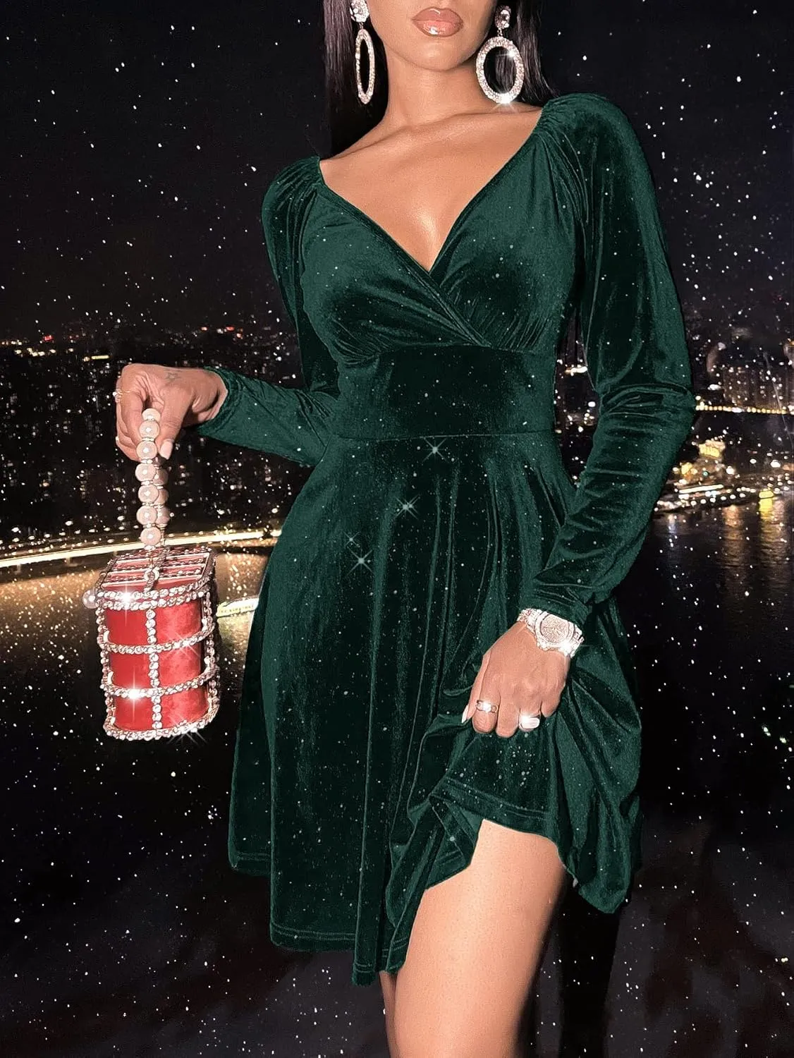 Sexyasasii Womens Wrap V Neck Long Sleeve Velvet Glitter A Line Cocktail Party Swing Fit and Flare Skater Mini Dress