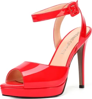 SHOWFOREST Womens Evening Sexy Peep Toe Ankle Strap Patent Buckle Stiletto High Heel Pumps Shoes 4.7 Inch