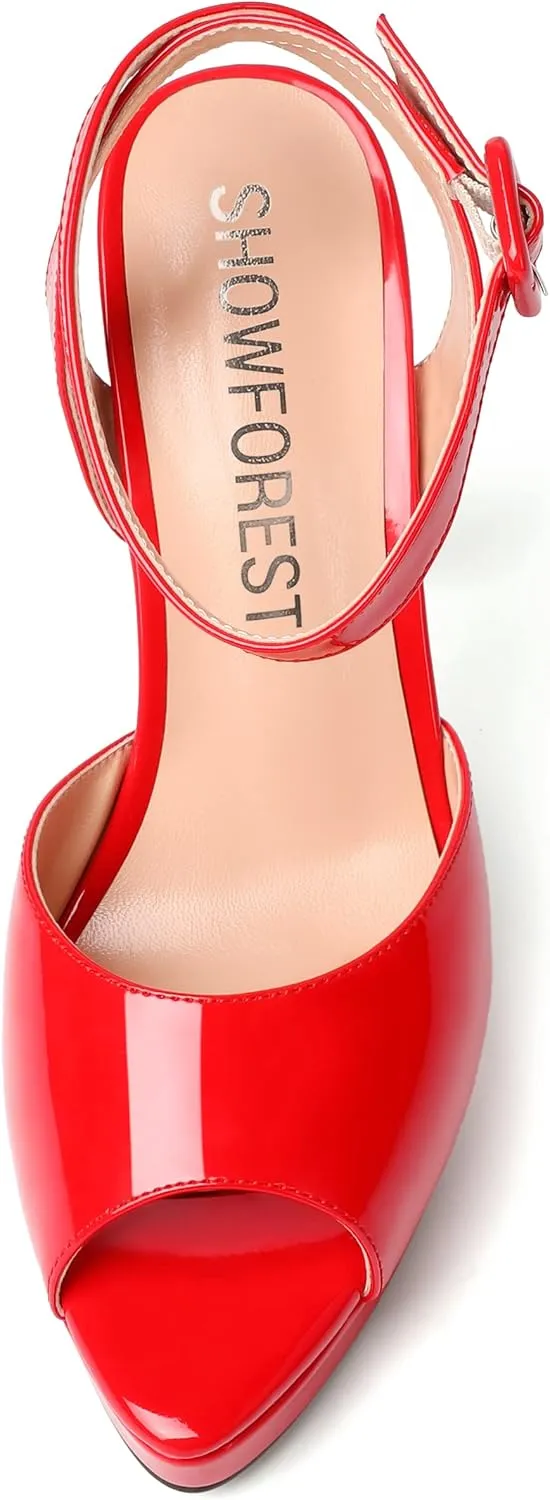 SHOWFOREST Womens Evening Sexy Peep Toe Ankle Strap Patent Buckle Stiletto High Heel Pumps Shoes 4.7 Inch
