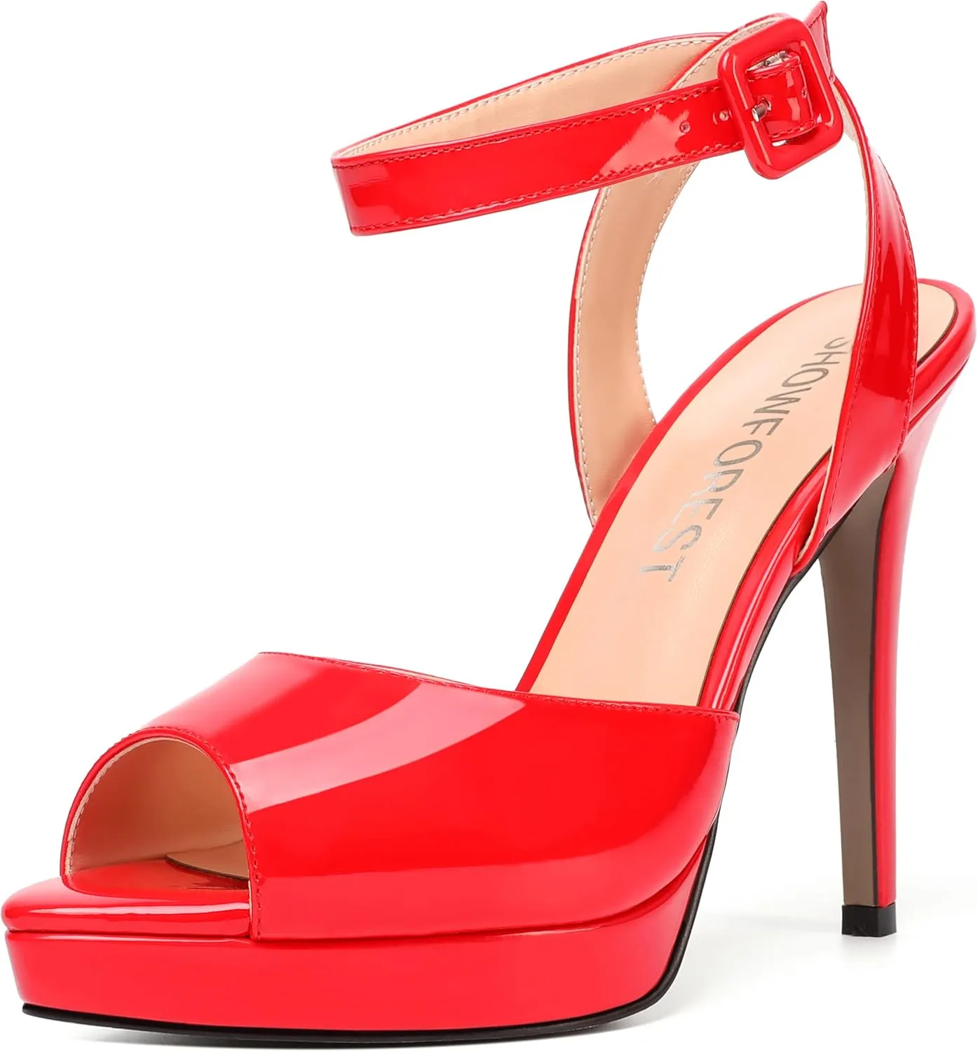 SHOWFOREST Womens Evening Sexy Peep Toe Ankle Strap Patent Buckle Stiletto High Heel Pumps Shoes 4.7 Inch