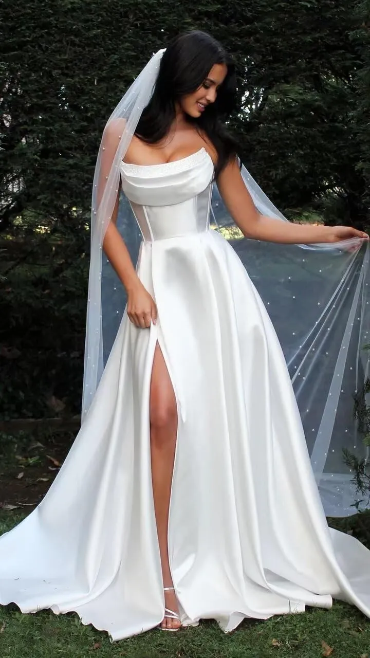 Simple Mermaid Wedding Dresses for Bride 2025 Boho Beach Satin Sleeveless Bridal Gown with Train