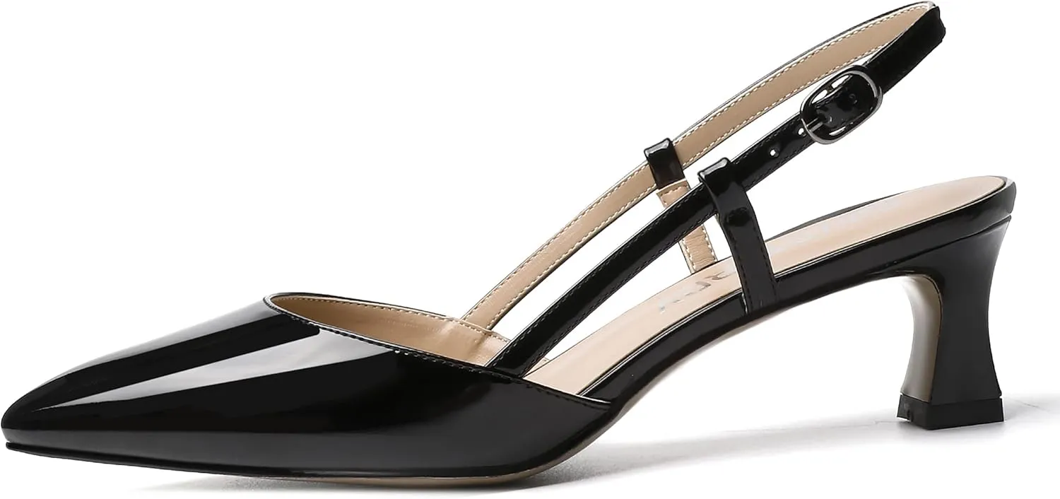 SKYSTERRY Women's Patent Pointed Toe Cutout Slingback Spool Low Heel Pumps Wedding Evening Dress Shoes 2 Inch