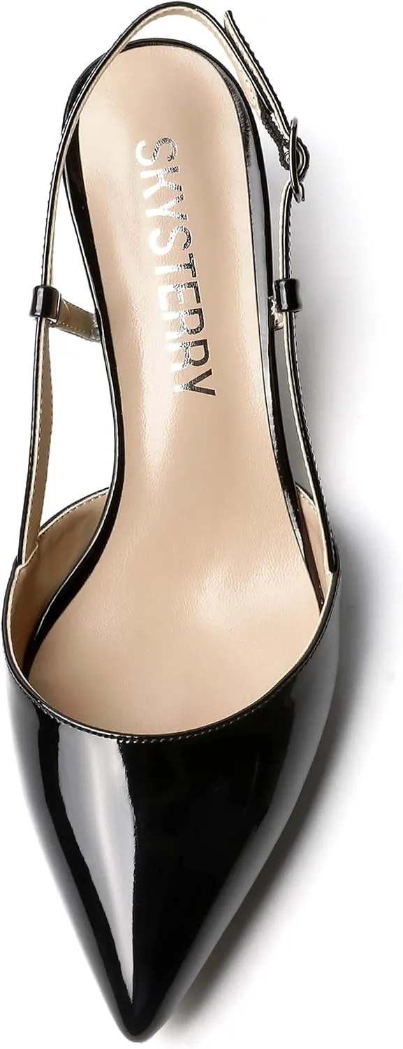 SKYSTERRY Women's Patent Pointed Toe Cutout Slingback Spool Low Heel Pumps Wedding Evening Dress Shoes 2 Inch