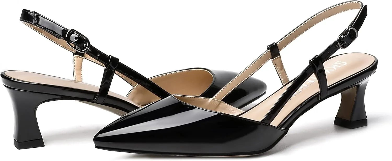 SKYSTERRY Women's Patent Pointed Toe Cutout Slingback Spool Low Heel Pumps Wedding Evening Dress Shoes 2 Inch