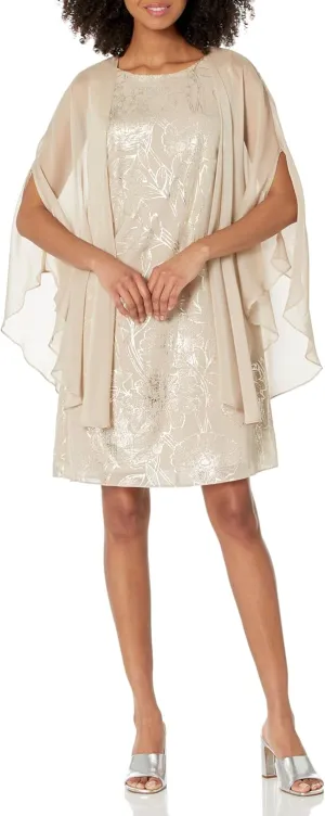 S.L. Fashions Women's Floral Foil Print Sheath Dress with Chiffon Capelet