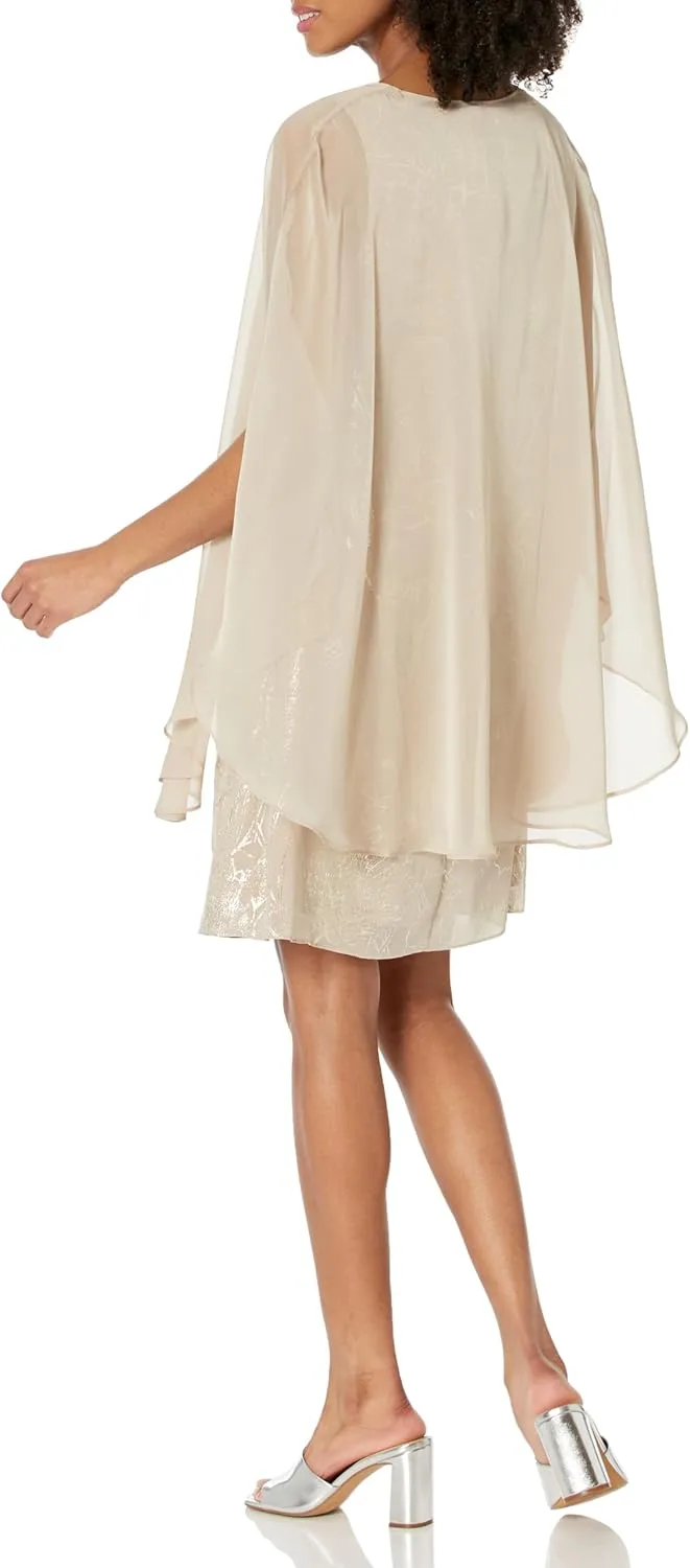 S.L. Fashions Women's Floral Foil Print Sheath Dress with Chiffon Capelet