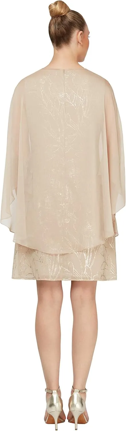 S.L. Fashions Women's Floral Foil Print Sheath Dress with Chiffon Capelet