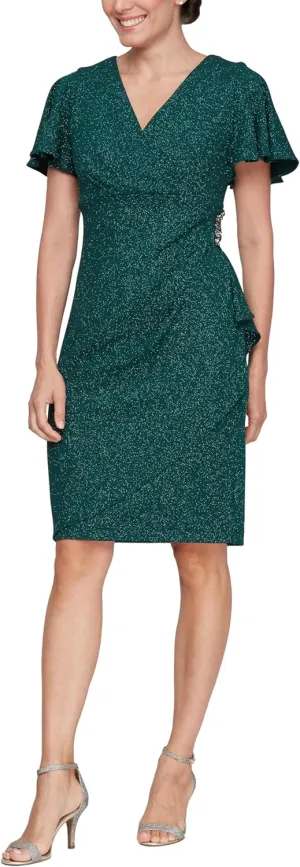 S.L. Fashions Women's Midi V-Neck Sheath Cocktail Dress W/Flutter Sleeves, Wedding Guest (Petite and Regular Sizes)