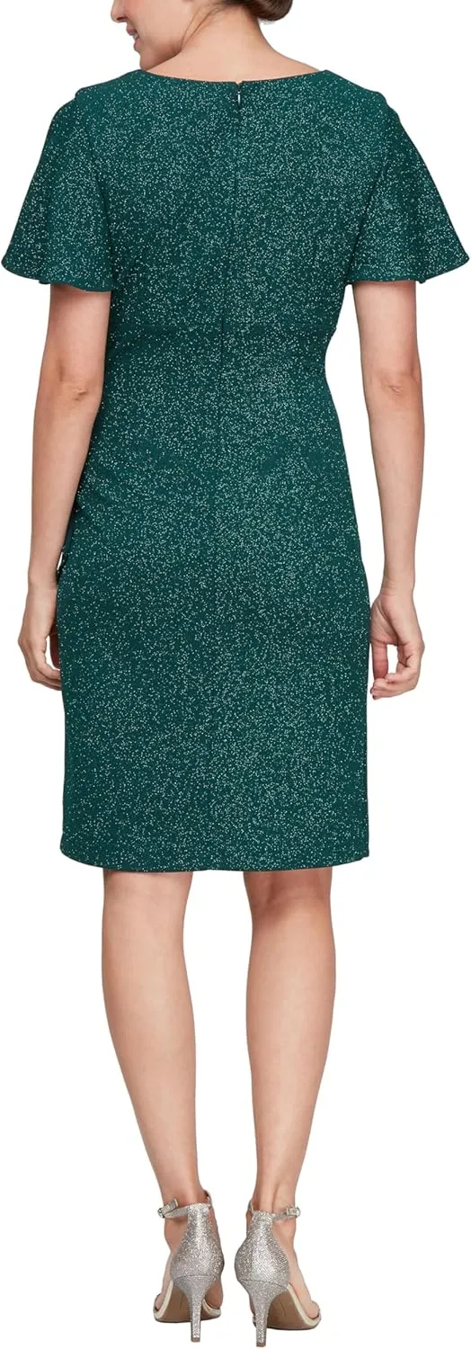 S.L. Fashions Women's Midi V-Neck Sheath Cocktail Dress W/Flutter Sleeves, Wedding Guest (Petite and Regular Sizes)