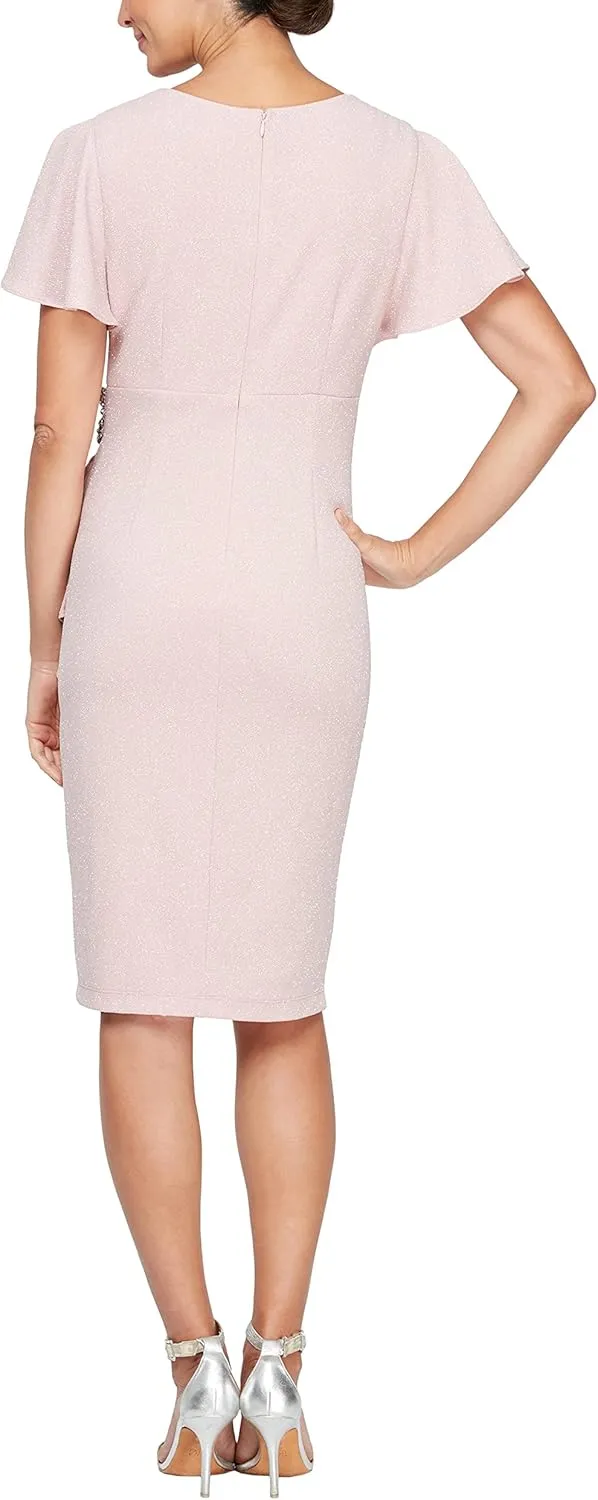 S.L. Fashions Women's Midi V-Neck Sheath Cocktail Dress W/Flutter Sleeves, Wedding Guest (Petite and Regular Sizes)