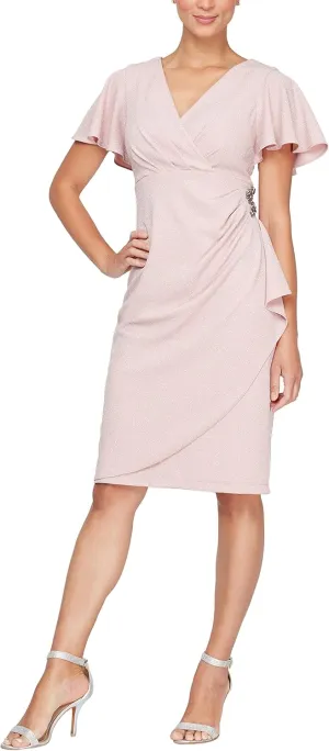 S.L. Fashions Women's Midi V-Neck Sheath Cocktail Dress W/Flutter Sleeves, Wedding Guest (Petite and Regular Sizes)