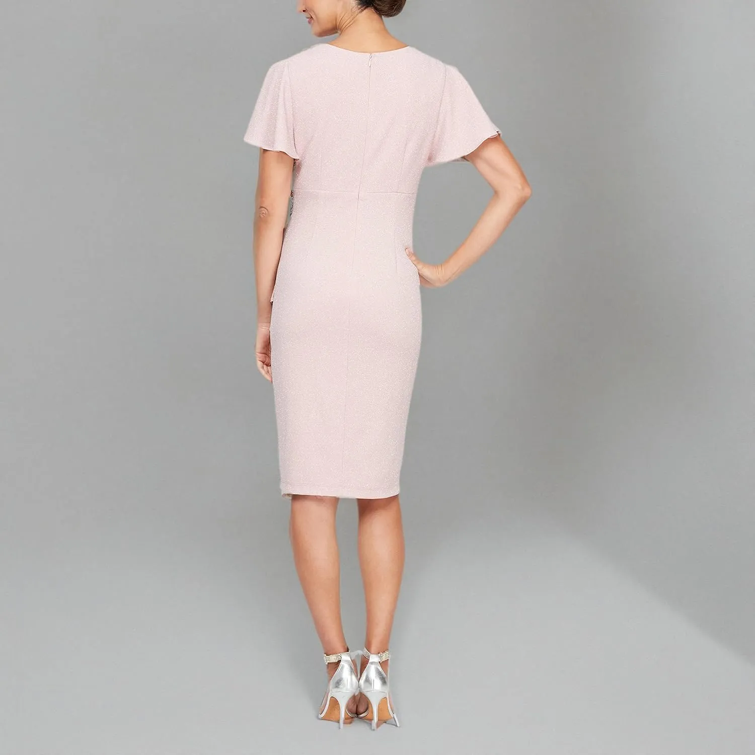 S.L. Fashions Women's Midi V-Neck Sheath Cocktail Dress W/Flutter Sleeves, Wedding Guest (Petite and Regular Sizes)