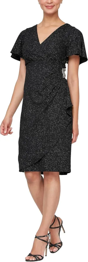 S.L. Fashions Women's Midi V-Neck Sheath Cocktail Dress W/Flutter Sleeves, Wedding Guest (Petite and Regular Sizes)