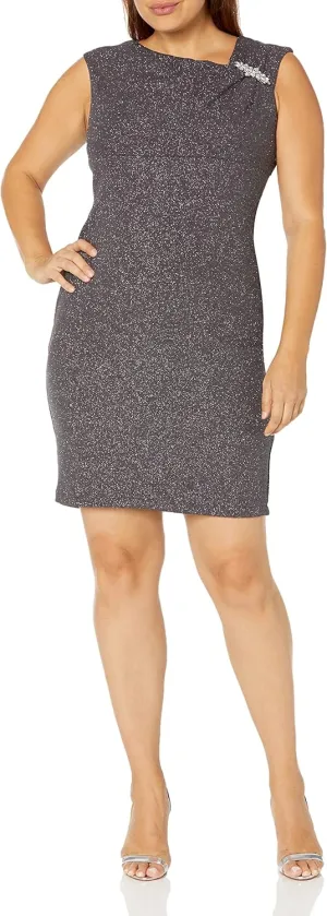 S.L. Fashions Women's Sleeveless Embellished L-Neck Short Stretch Sheath Dress