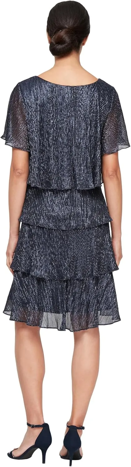 S.L. Fashions Women's Tiered Boudre Cocktail Dress with Embellished Neckline, Wedding Guest Gown (Petite and Regular Sizes)
