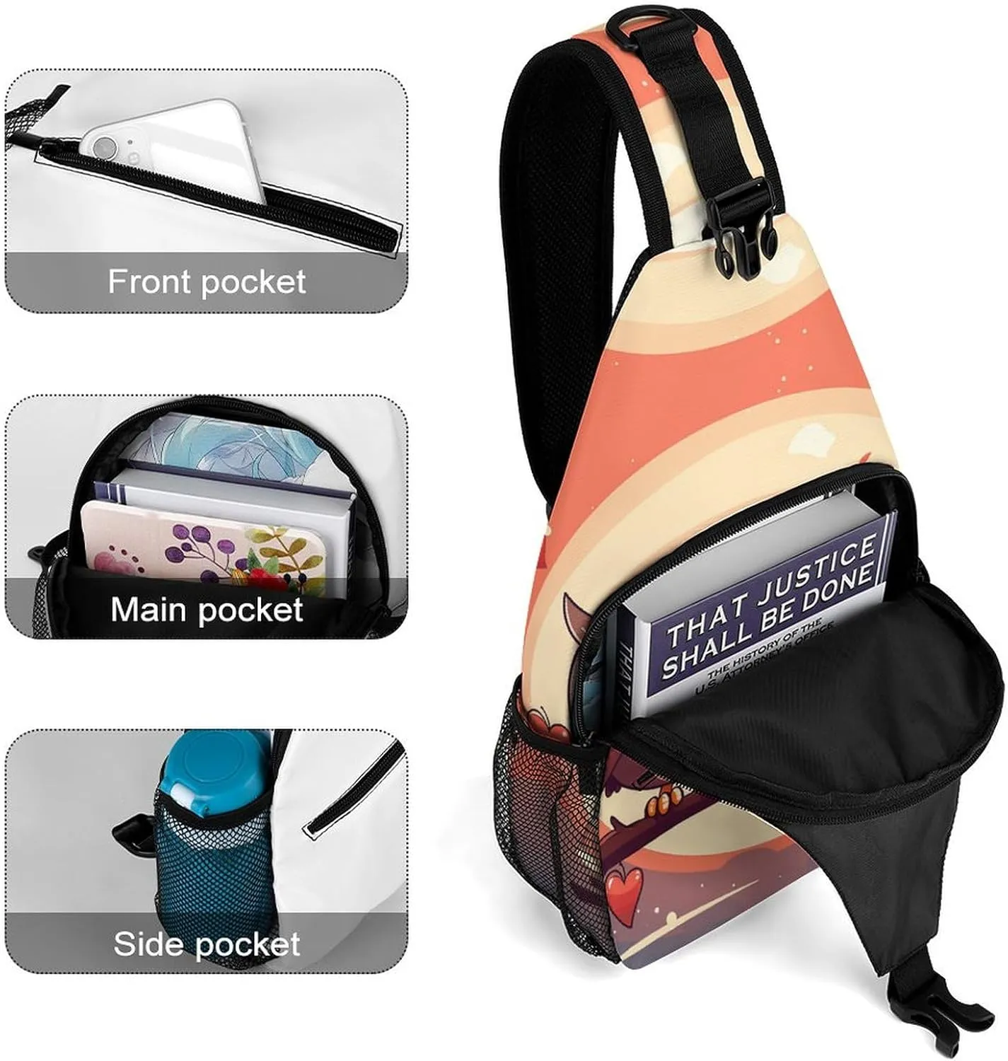 Sling Bags for Women Men Pair of Cartoon Owls Sling Backpack Adjustable Belt Casual Chest Daypack Bum Bags Fanny Pack for Travel Sports Running Hiking Waist Packs