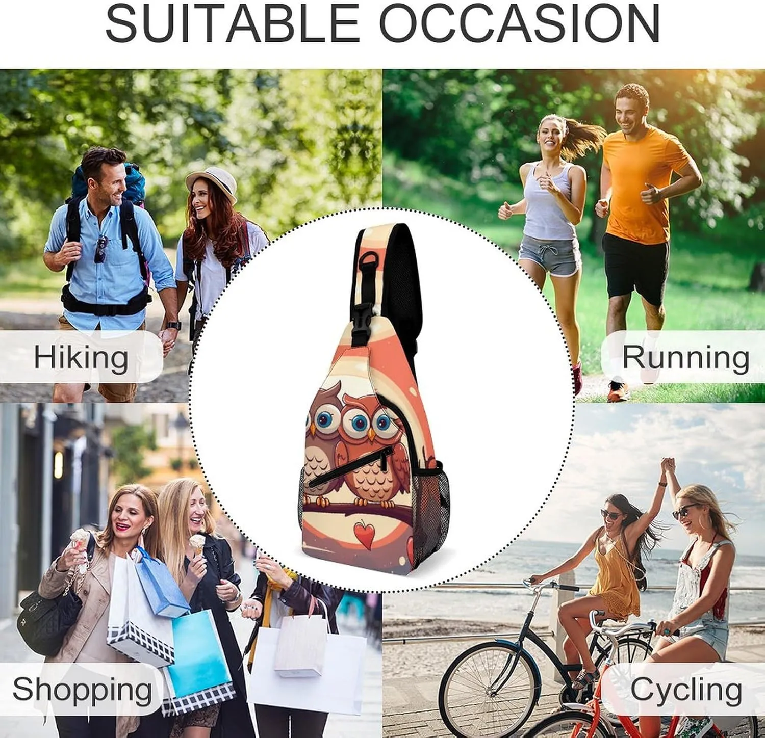 Sling Bags for Women Men Pair of Cartoon Owls Sling Backpack Adjustable Belt Casual Chest Daypack Bum Bags Fanny Pack for Travel Sports Running Hiking Waist Packs