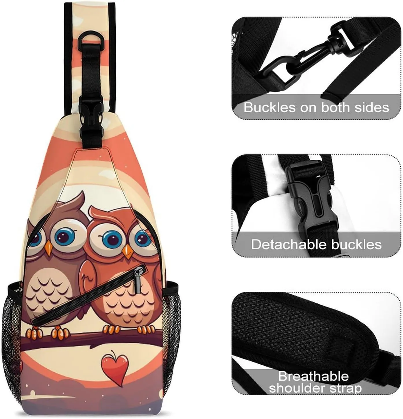 Sling Bags for Women Men Pair of Cartoon Owls Sling Backpack Adjustable Belt Casual Chest Daypack Bum Bags Fanny Pack for Travel Sports Running Hiking Waist Packs