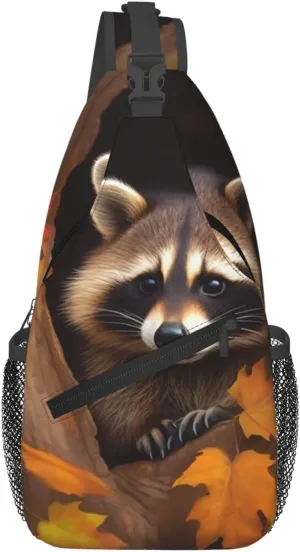 Sling Bags for Women Men Raccoon in The Fall Tree Hole Sling Backpack Adjustable Belt Bum Bags Fanny Pack for Travel Sports Running Hiking Waist Packs