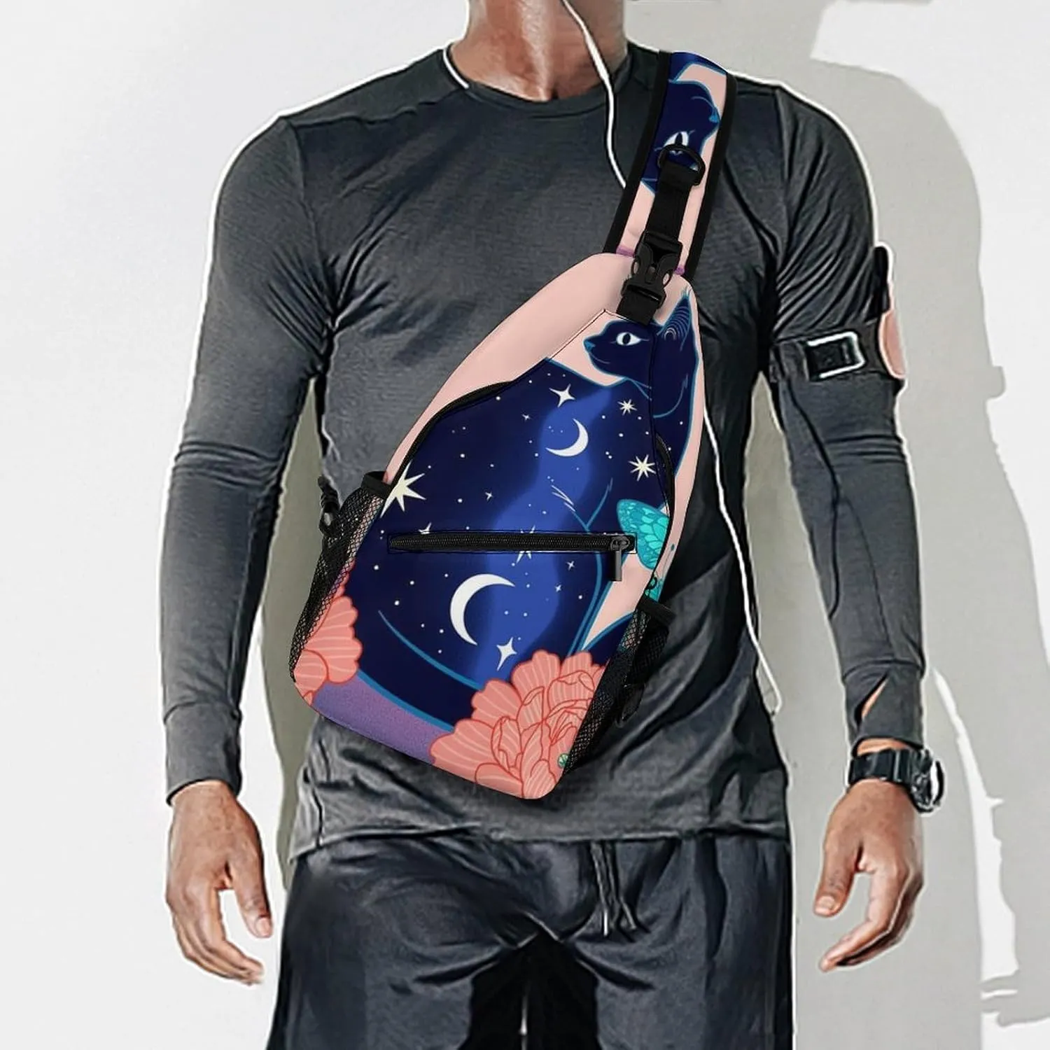 Sling Shoulder Backpack for Men Women Multipurpose Anti-Theft Gym Bags Sack Daypack Outdoor Backpack Carry On Bag, Black Cat Flower Butterfly Starry Sky Dream Scene Shoulder Crossbody Bag Chest Pack