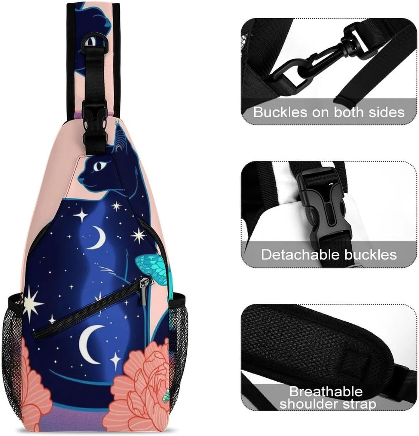 Sling Shoulder Backpack for Men Women Multipurpose Anti-Theft Gym Bags Sack Daypack Outdoor Backpack Carry On Bag, Black Cat Flower Butterfly Starry Sky Dream Scene Shoulder Crossbody Bag Chest Pack
