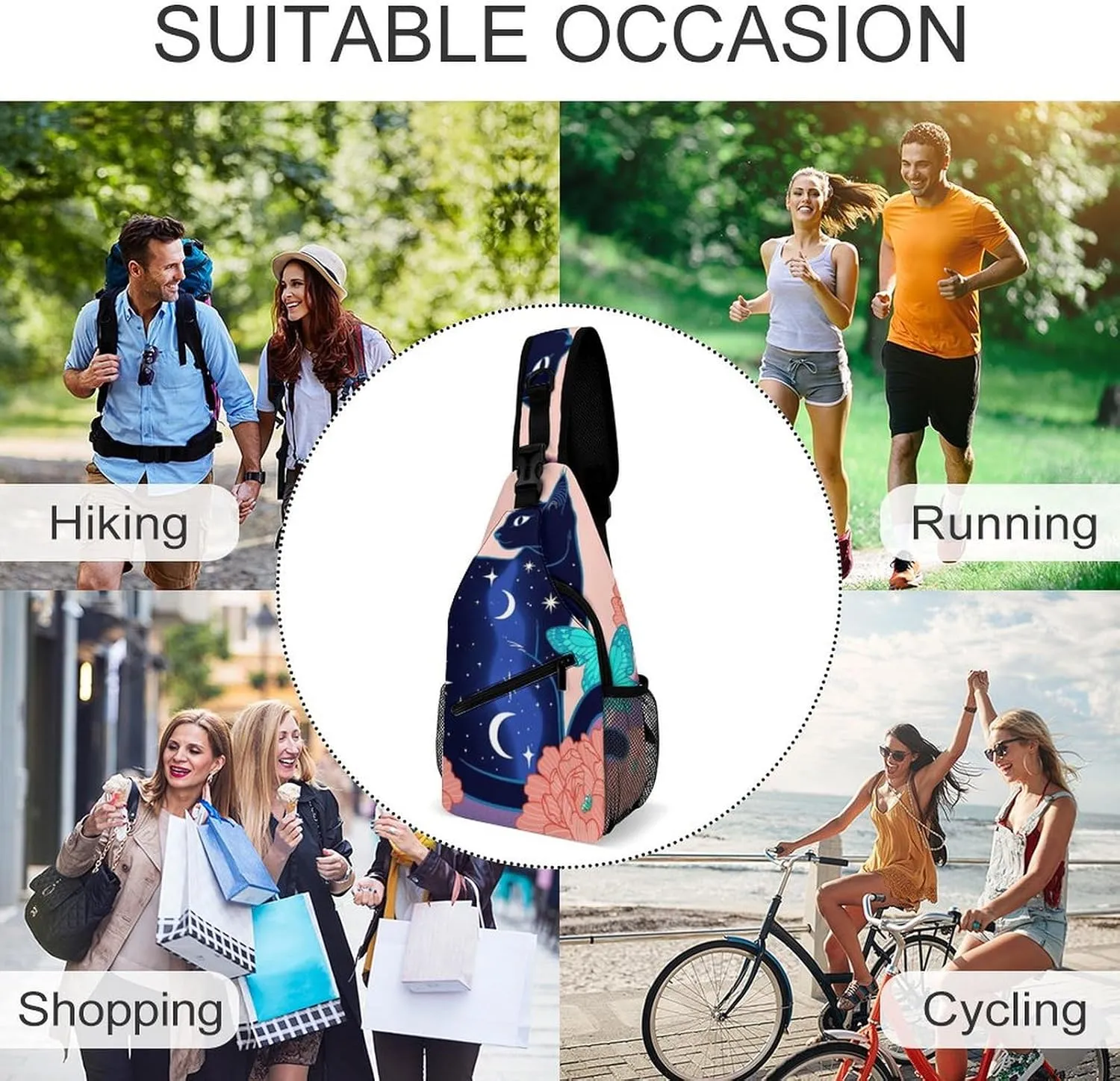 Sling Shoulder Backpack for Men Women Multipurpose Anti-Theft Gym Bags Sack Daypack Outdoor Backpack Carry On Bag, Black Cat Flower Butterfly Starry Sky Dream Scene Shoulder Crossbody Bag Chest Pack