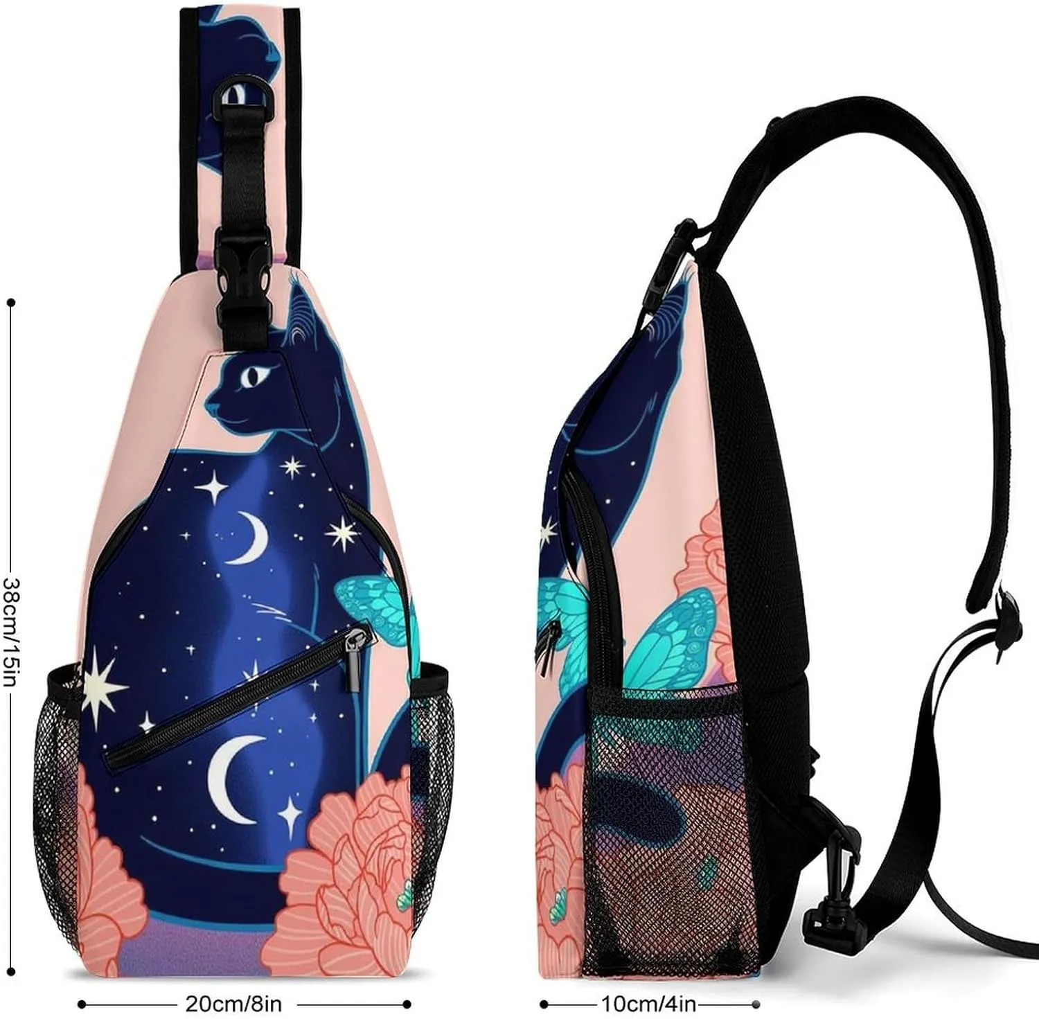 Sling Shoulder Backpack for Men Women Multipurpose Anti-Theft Gym Bags Sack Daypack Outdoor Backpack Carry On Bag, Black Cat Flower Butterfly Starry Sky Dream Scene Shoulder Crossbody Bag Chest Pack
