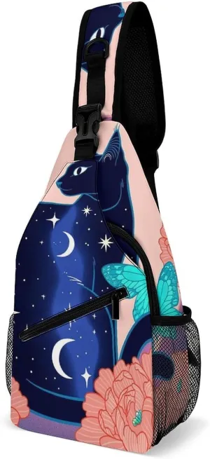 Sling Shoulder Backpack for Men Women Multipurpose Anti-Theft Gym Bags Sack Daypack Outdoor Backpack Carry On Bag, Black Cat Flower Butterfly Starry Sky Dream Scene Shoulder Crossbody Bag Chest Pack