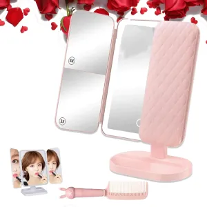 Smart Makeup Mirror with LED Lights, Trifold Design, Magnification, Portable Vanity Mirror for Travel
