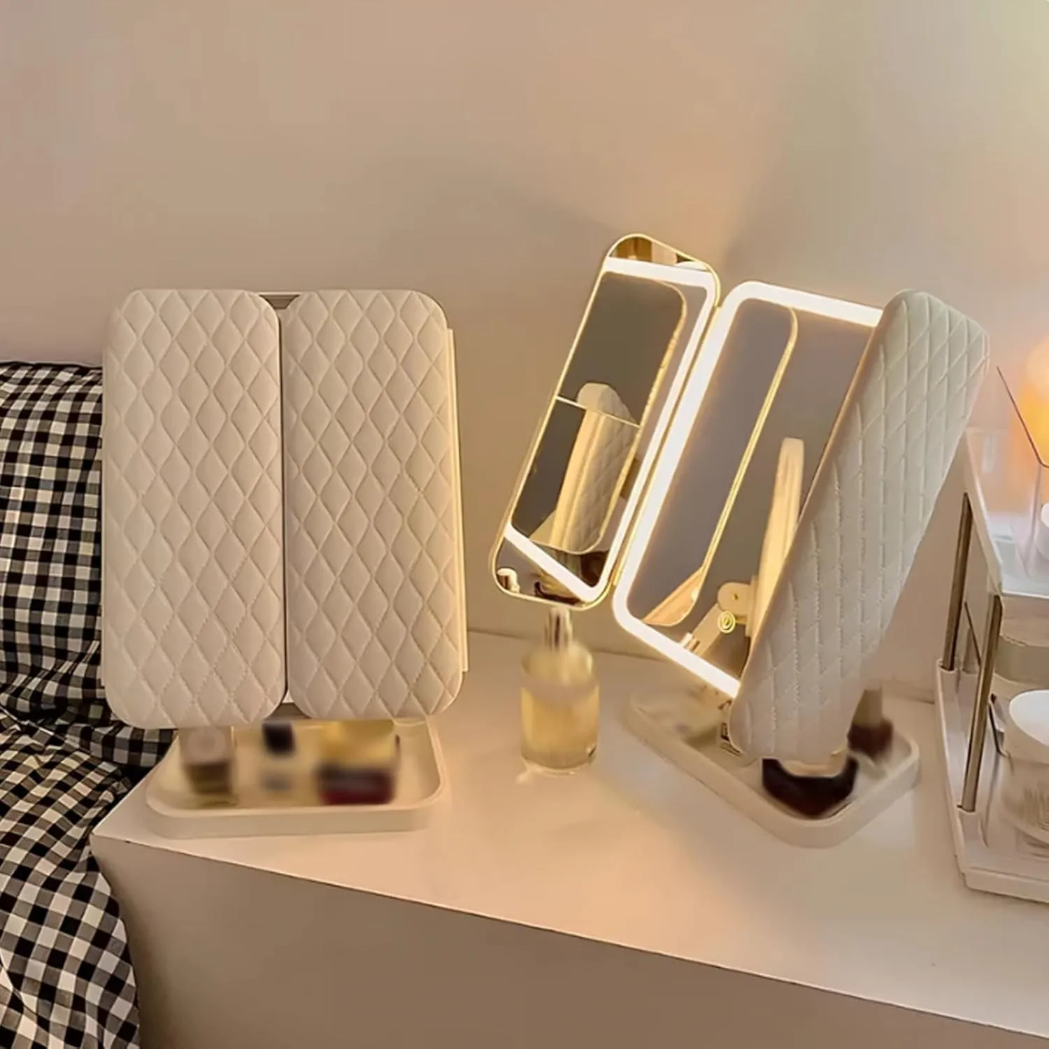 Smart Makeup Mirror with LED Lights, Trifold Design, Magnification, Portable Vanity Mirror for Travel
