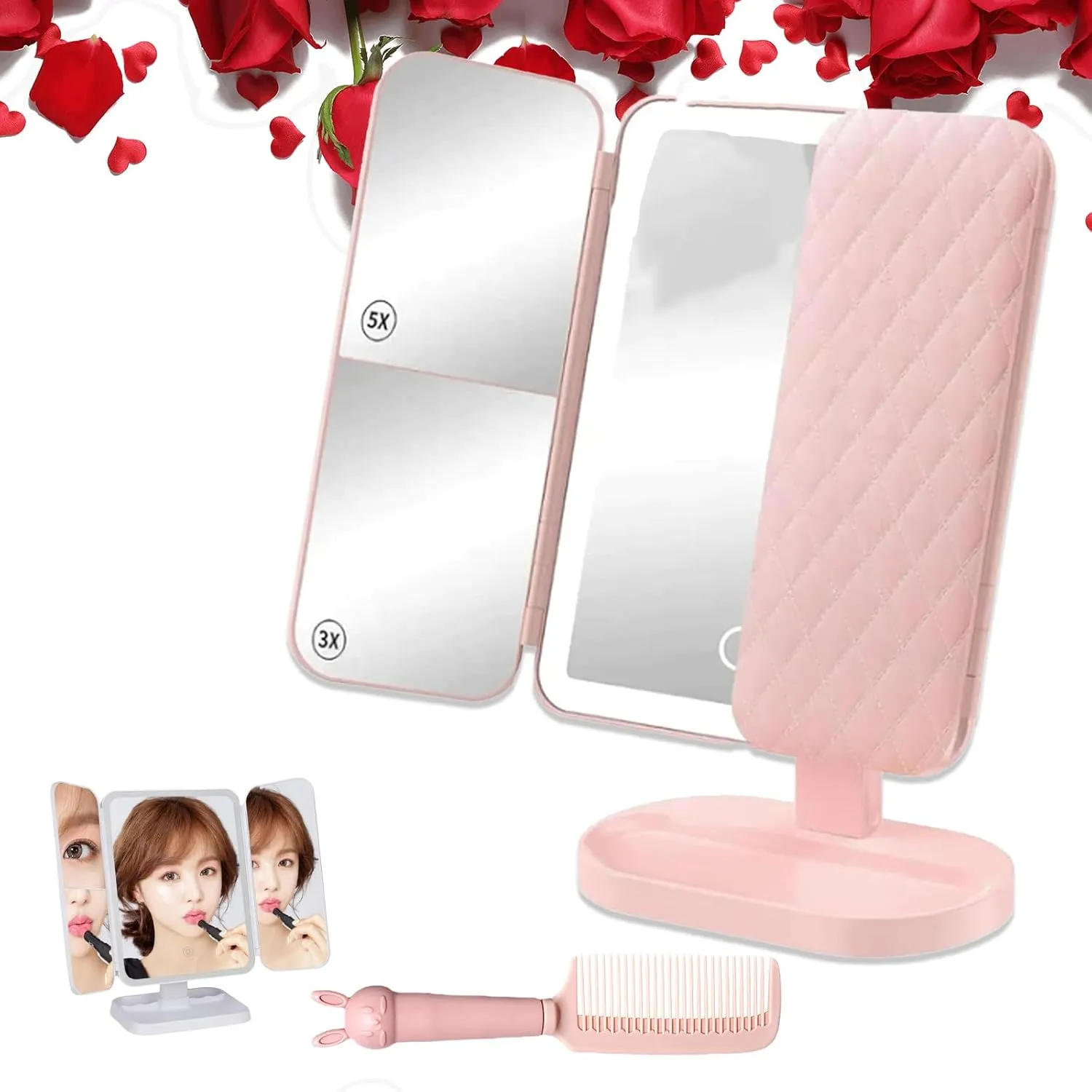 Smart Makeup Mirror with LED Lights, Trifold Design, Magnification, Portable Vanity Mirror for Travel