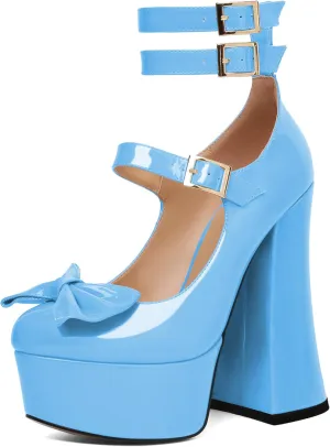 Soireelady Women's Platform Chunky Heels, Round Toe Mary Jane Pumps, Block High Heels with Ankle Strap, Dressy Shoes for Party, Wedding, Evening Sexy