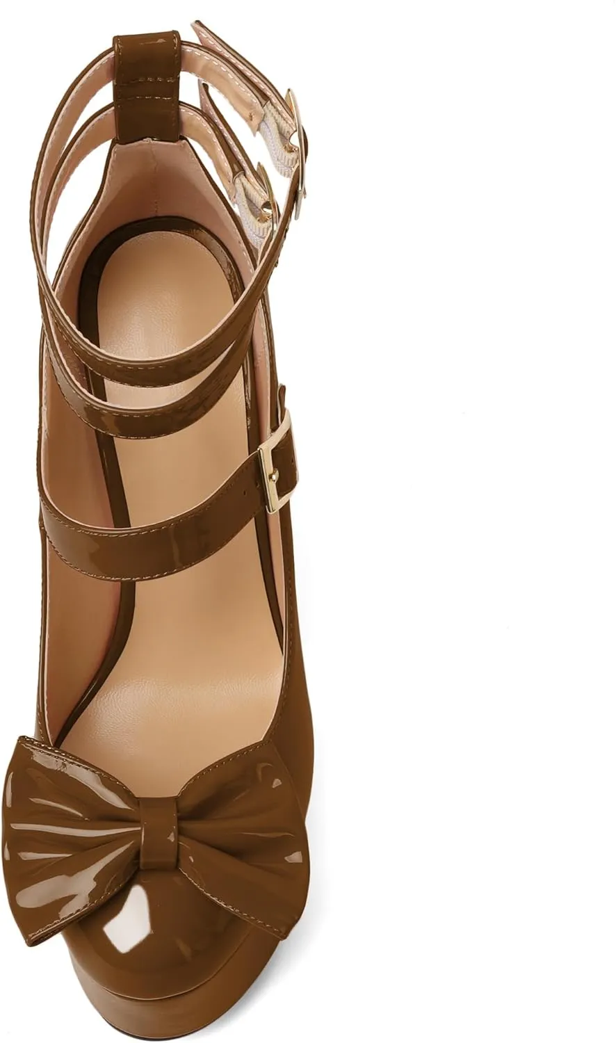 Soireelady Women's Platform Chunky Heels, Round Toe Mary Jane Pumps, Block High Heels with Ankle Strap, Dressy Shoes for Party, Wedding, Evening Sexy
