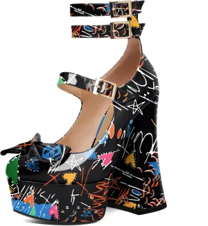 Soireelady Women's Platform Chunky Heels, Round Toe Mary Jane Pumps, Block High Heels with Ankle Strap, Dressy Shoes for Party, Wedding, Evening Sexy