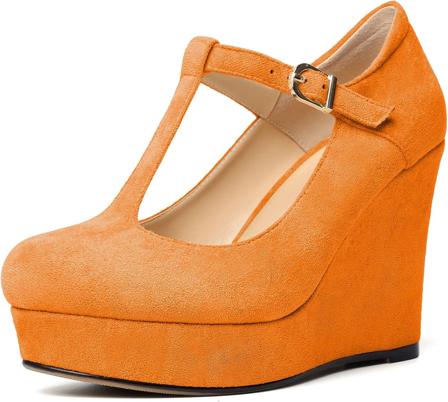 Soireelady Women's Platform Wedges Round Toe Wedge Heel Pumps T Strap High Heels Comfortable Office Dress Platform Pumps Classic Heeled Buckle Shoes