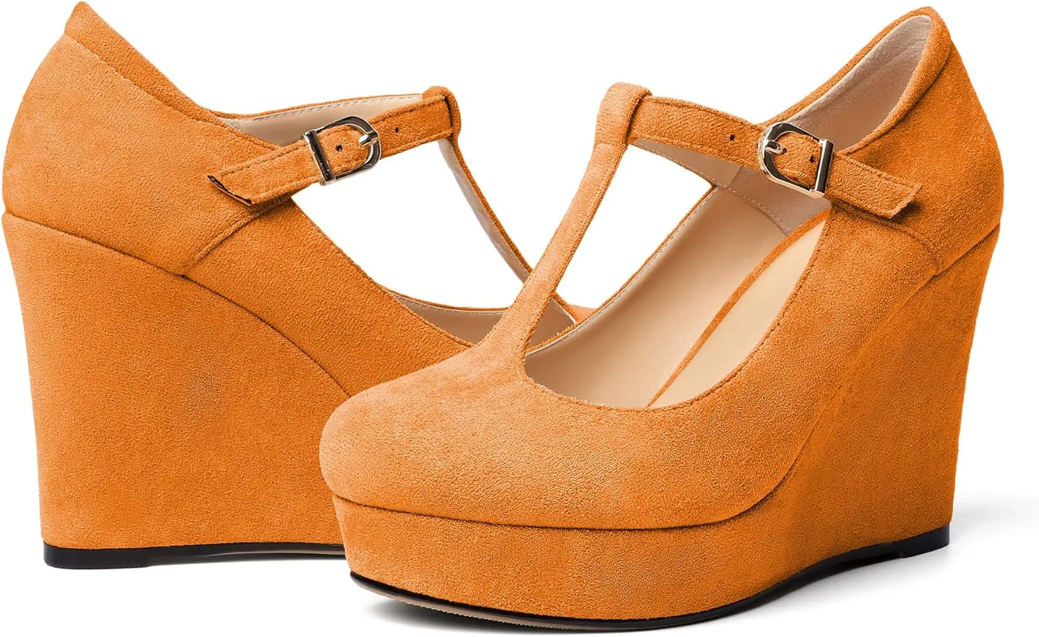 Soireelady Women's Platform Wedges Round Toe Wedge Heel Pumps T Strap High Heels Comfortable Office Dress Platform Pumps Classic Heeled Buckle Shoes