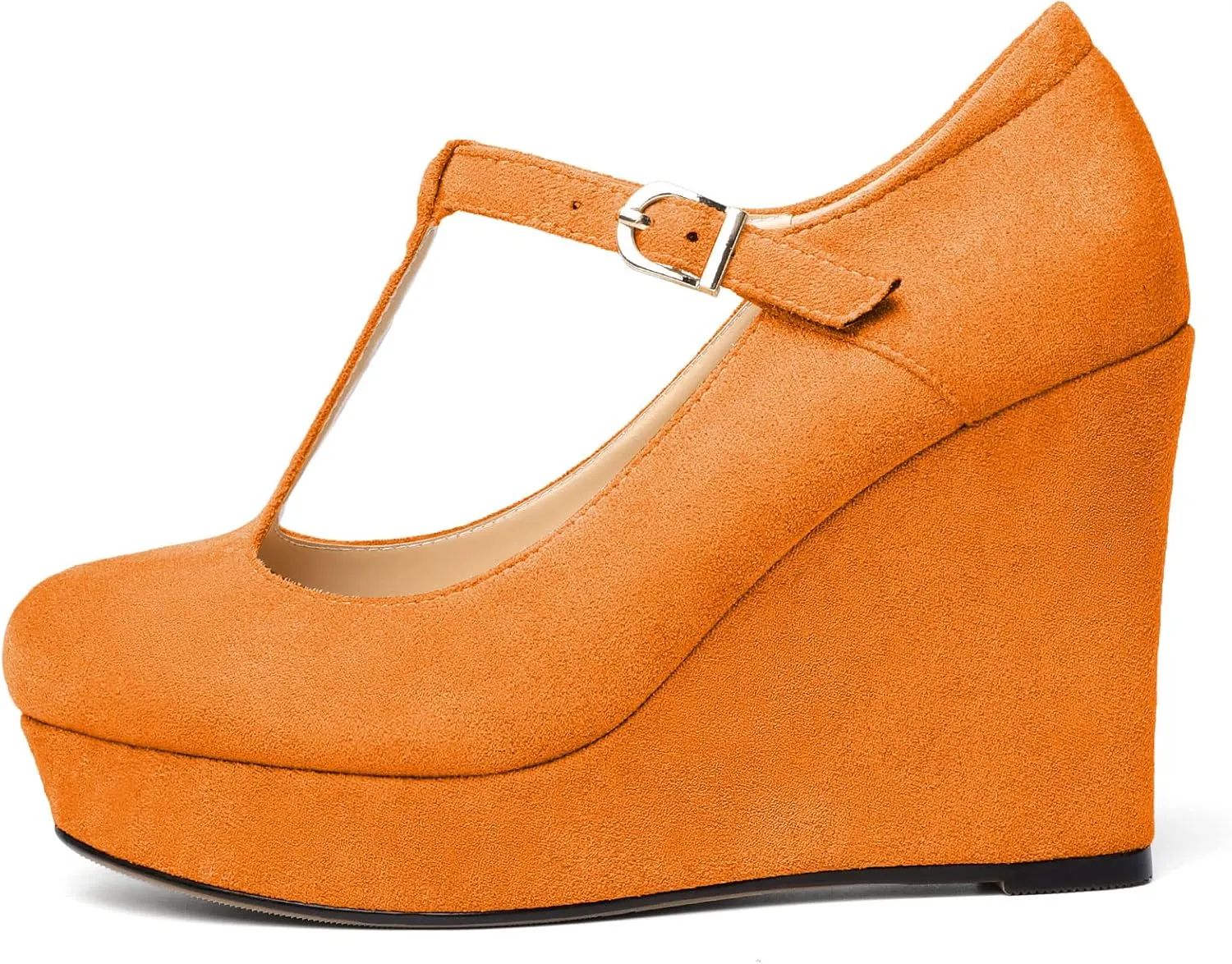Soireelady Women's Platform Wedges Round Toe Wedge Heel Pumps T Strap High Heels Comfortable Office Dress Platform Pumps Classic Heeled Buckle Shoes