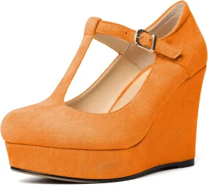 Soireelady Women's Platform Wedges Round Toe Wedge Heel Pumps T Strap High Heels Comfortable Office Dress Platform Pumps Classic Heeled Buckle Shoes