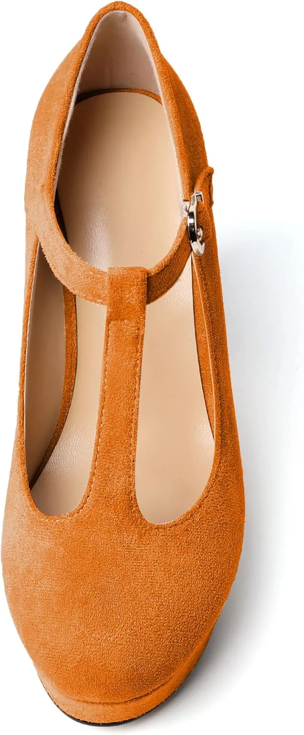 Soireelady Women's Platform Wedges Round Toe Wedge Heel Pumps T Strap High Heels Comfortable Office Dress Platform Pumps Classic Heeled Buckle Shoes
