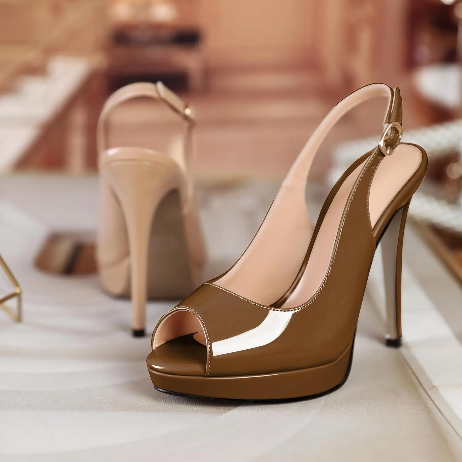 Soireelady Women's Slingback Platform Sexy Peep Toe High Heels Stiletto Slim Thin Heel Pumps Wedding Bride Evening Party Dress Shoes