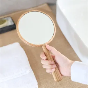 Solid Wood Makeup Mirror, Brightness and Brightness Adjustable Women's Handheld Beauty Mirror (Color : A, Size