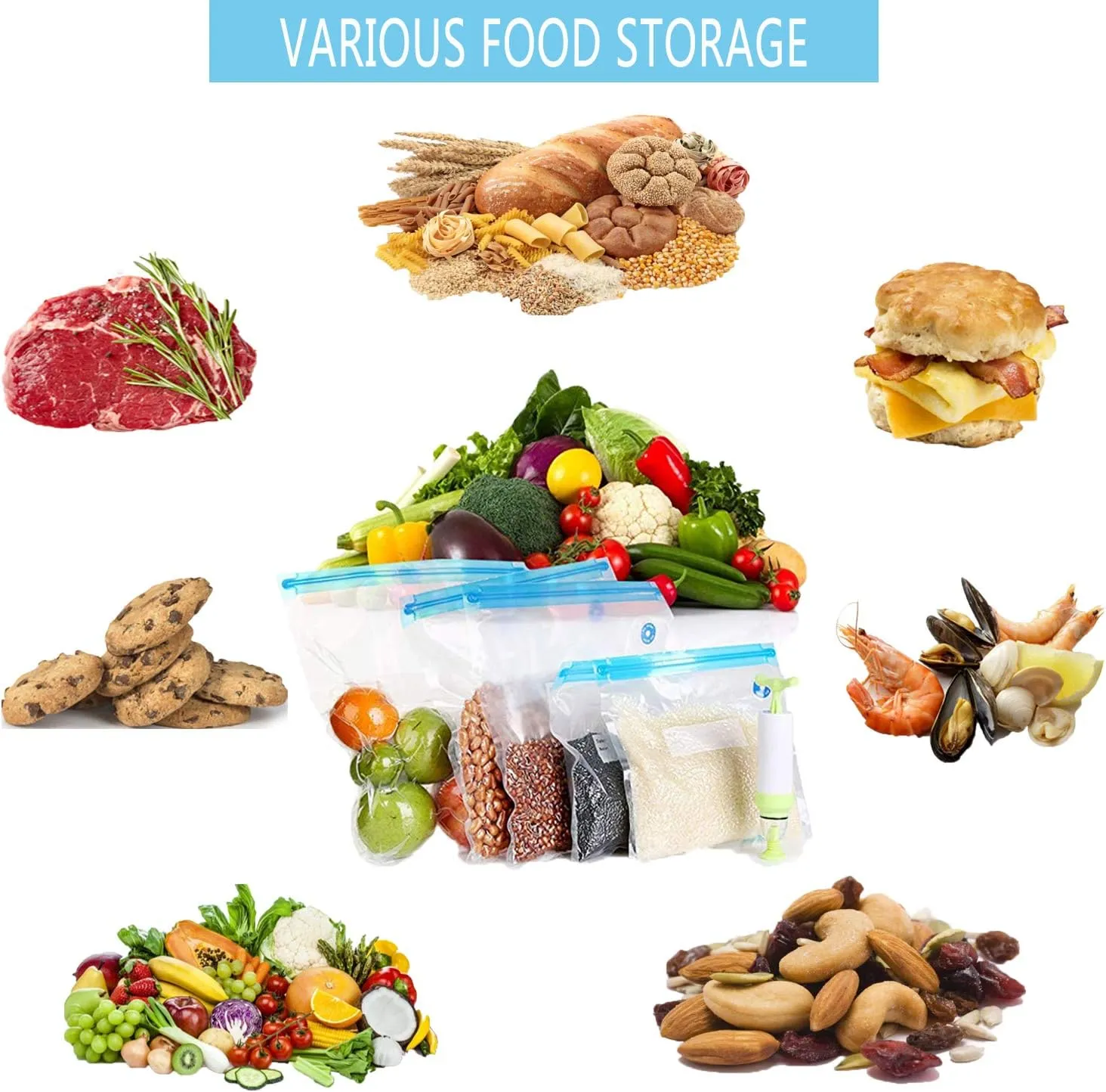 Sous Vide Bags 20pack Reusable Vacuum Food Storage Bags with 3 Sizes Vacuum Food Bags,4 Sealing Clips for Food Storage and Sous Vide Cooking (60pcs bags)