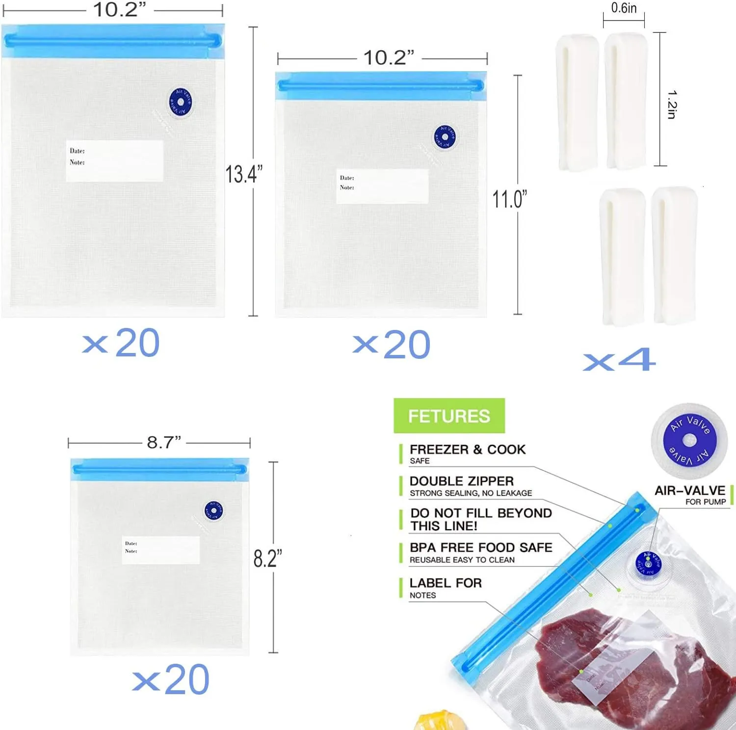 Sous Vide Bags 20pack Reusable Vacuum Food Storage Bags with 3 Sizes Vacuum Food Bags,4 Sealing Clips for Food Storage and Sous Vide Cooking (60pcs bags)