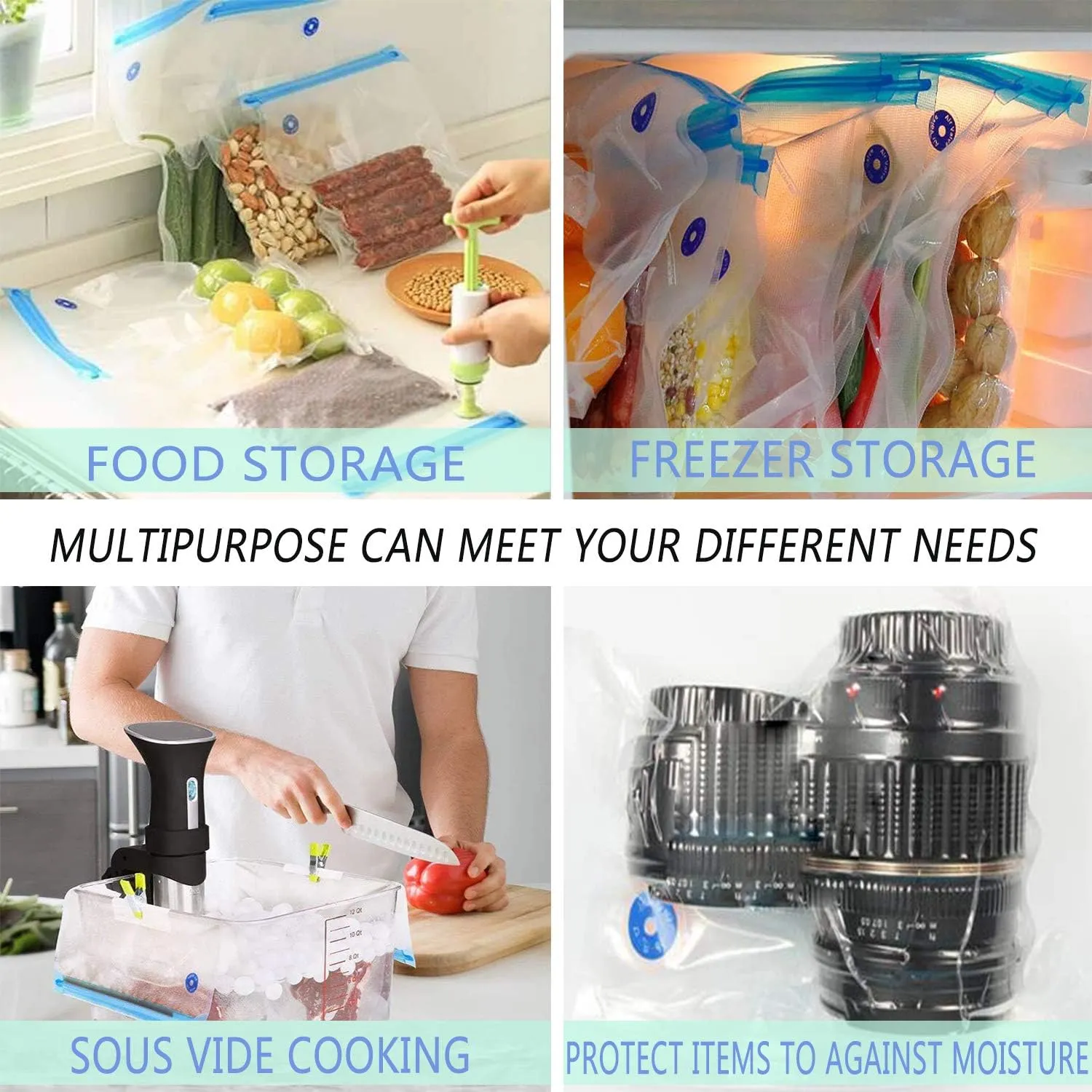 Sous Vide Bags 20pack Reusable Vacuum Food Storage Bags with 3 Sizes Vacuum Food Bags,4 Sealing Clips for Food Storage and Sous Vide Cooking (60pcs bags)