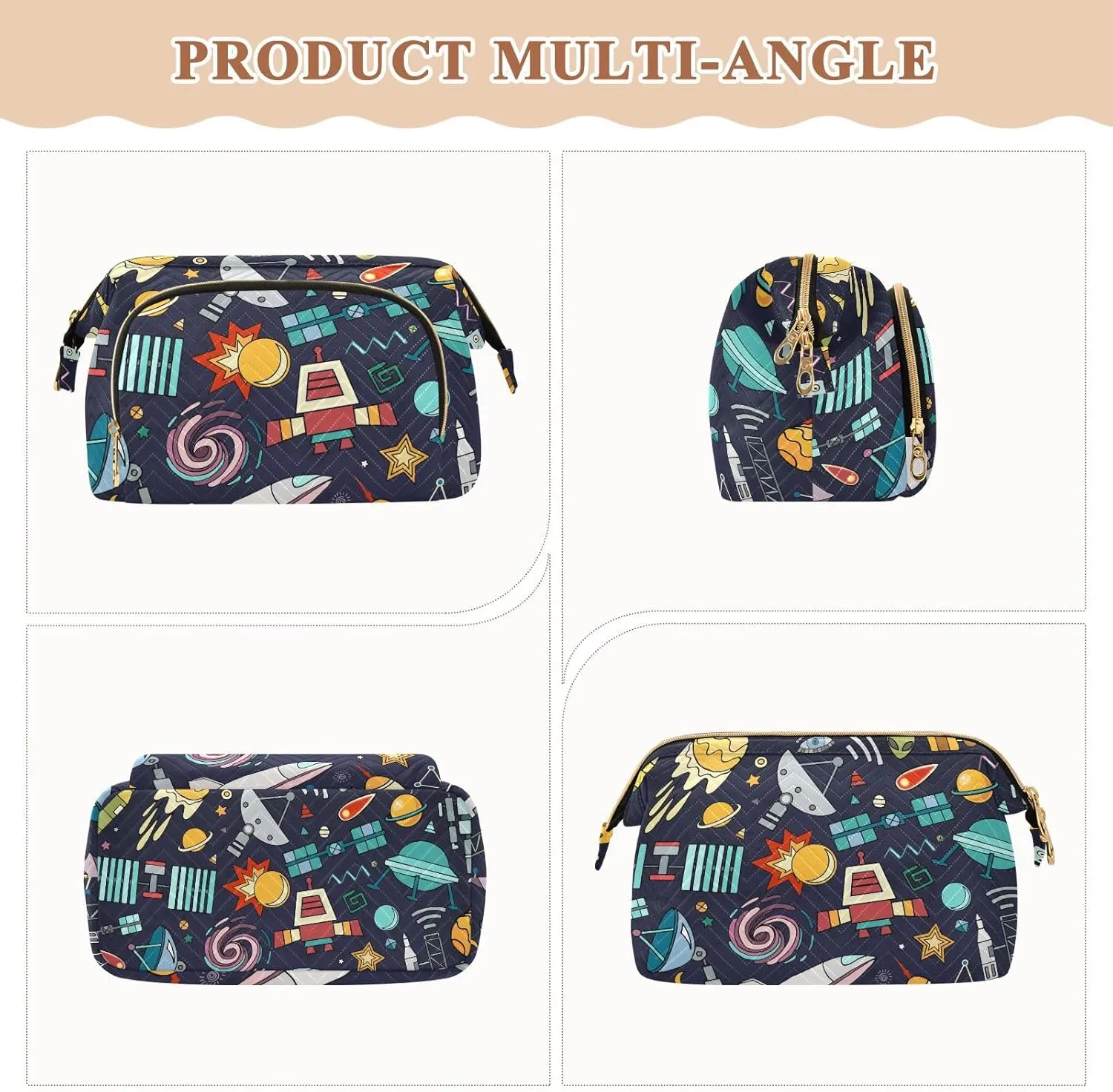 Space Solar System Moon Astronaut Planet Rocket Earth Universe Women Cosmetic Bag Makeup Bag Stylish Trip Beauty Bag Travel Toiletry Bag with Bottle Organizer 10.2 x 5.9 x 6.7 inch