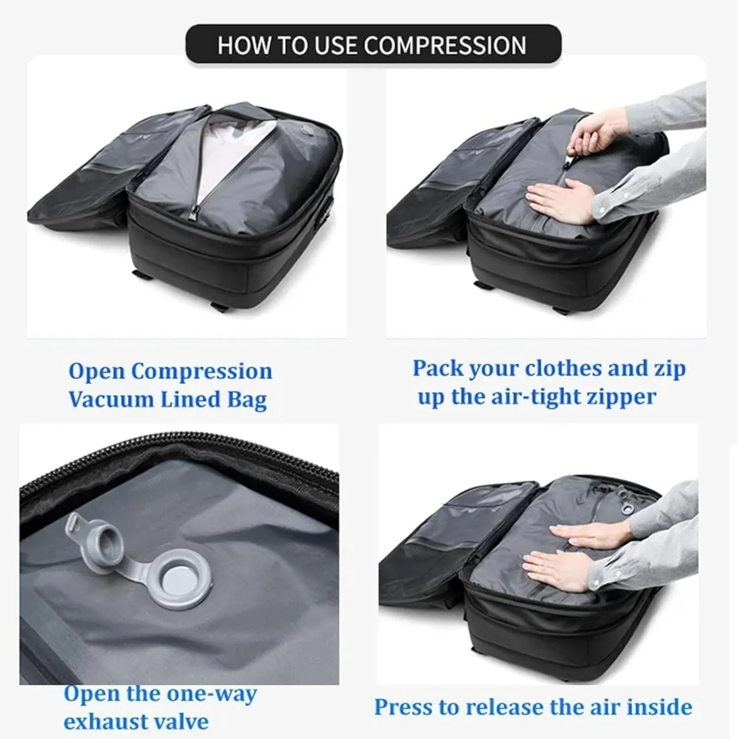 Space Vac Backpack, Spacevac Vacuum Compression Backpack,Expandable Waterproof Multifunctional Travel Password TSA Lock Bag (Black-with Air Pump)