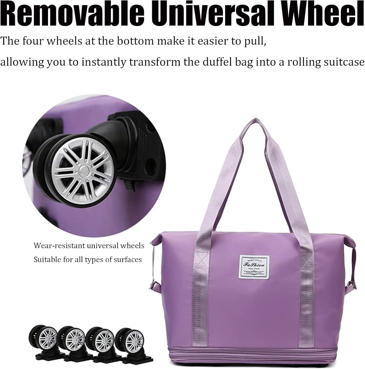 Sparkhomez Travel Bag with Wheels (Detachable), Lightweight Three-Layer Expandable Travel Bag, Large Capacity Dry and Wet Separation Storage Tote Bag, Waterproof and Wear-Resistant (Fuchsia)