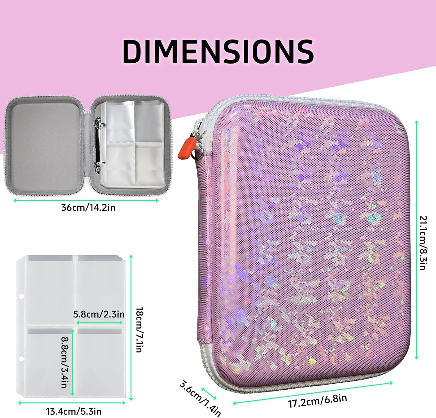 Sparkly Card Holder for YOTO Player Cards - 120 Pockets Portable Binder with Zipper, Carry Strap & Sleeves for Yoto Player/Mini Audiobook Cards, Travel-Friendly Hard Storage Organizer(Pink)
