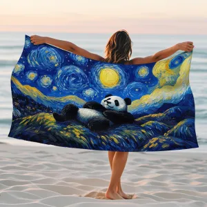 Starry Night Panda Beach Towel Microfiber Soft Absorbent Sand Free Extra Large, Quick Dry Lightweight Blanket for Outdoor Travel Camp Pool Gym Picnic Essentials 62x31 Inch